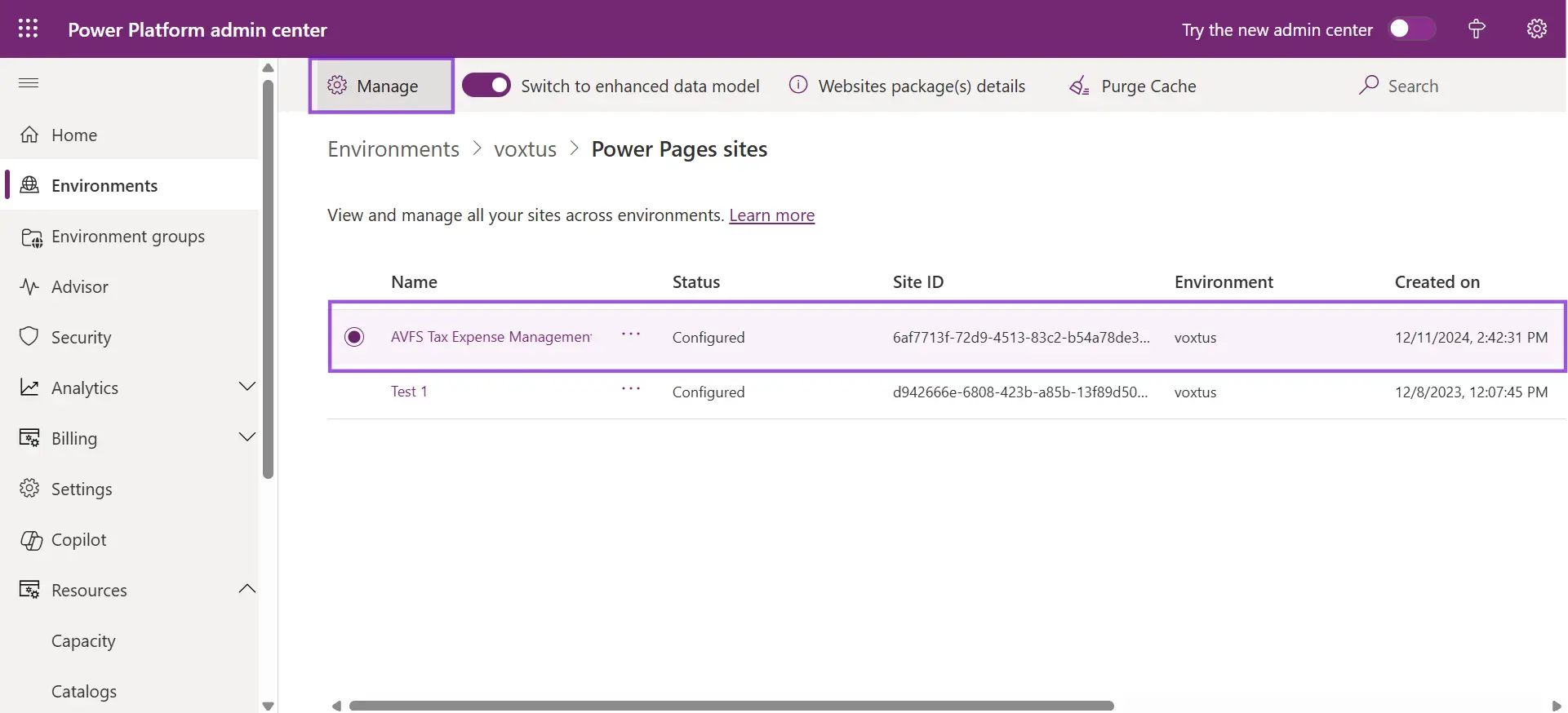 Click Manage