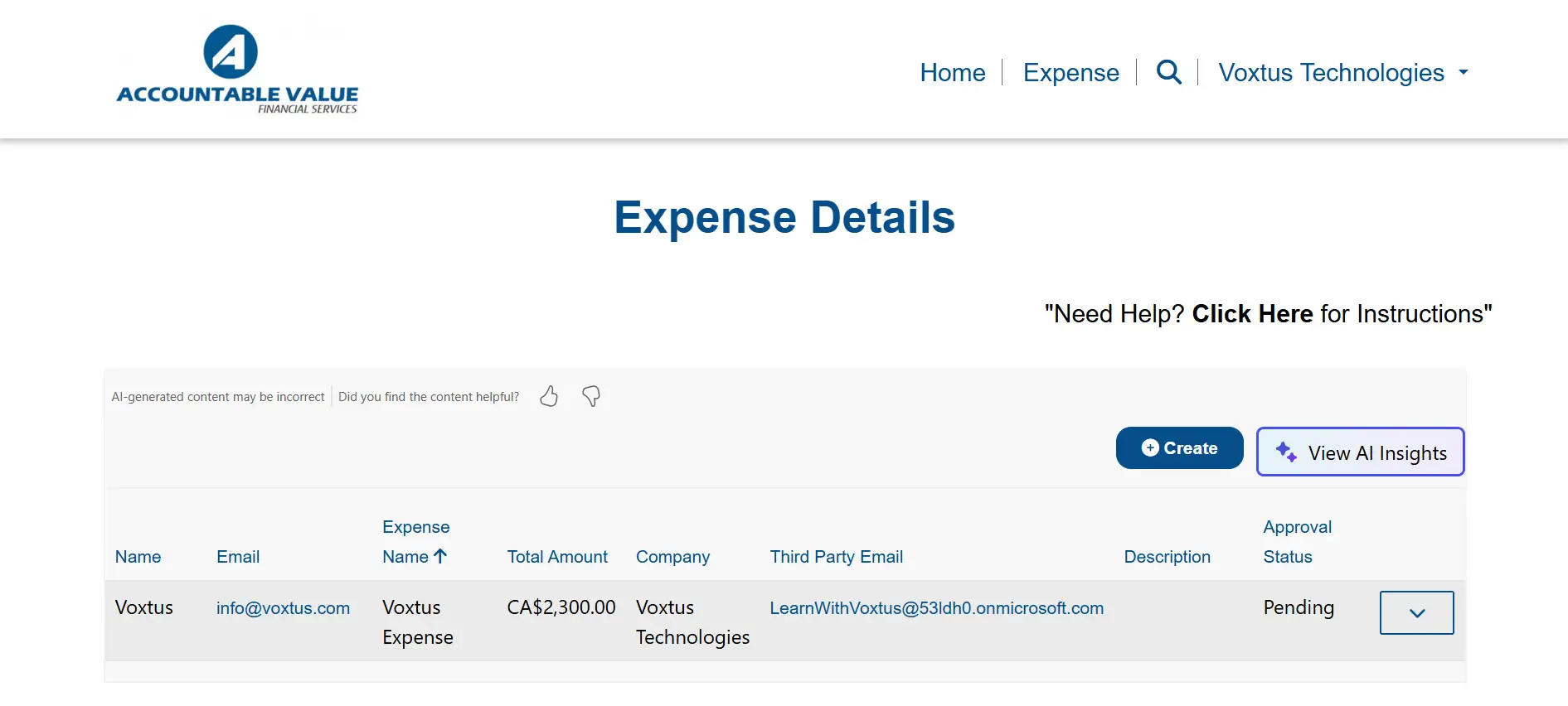 Expense Details page listing a user's submitted claims and their approval status