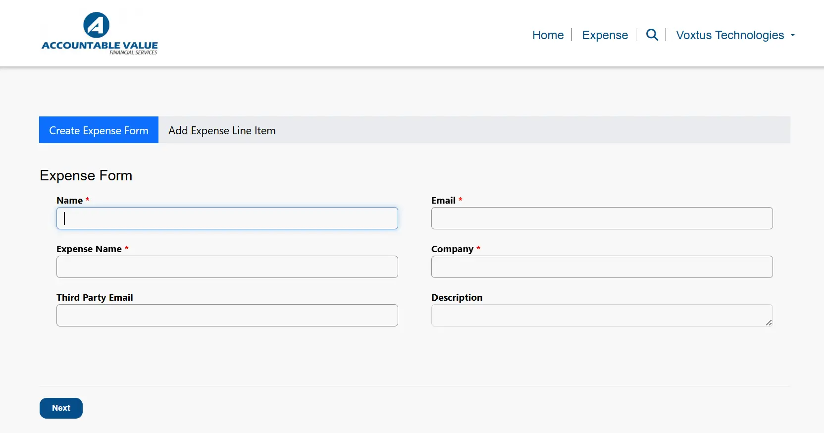Create Expense Form step of the claim submission