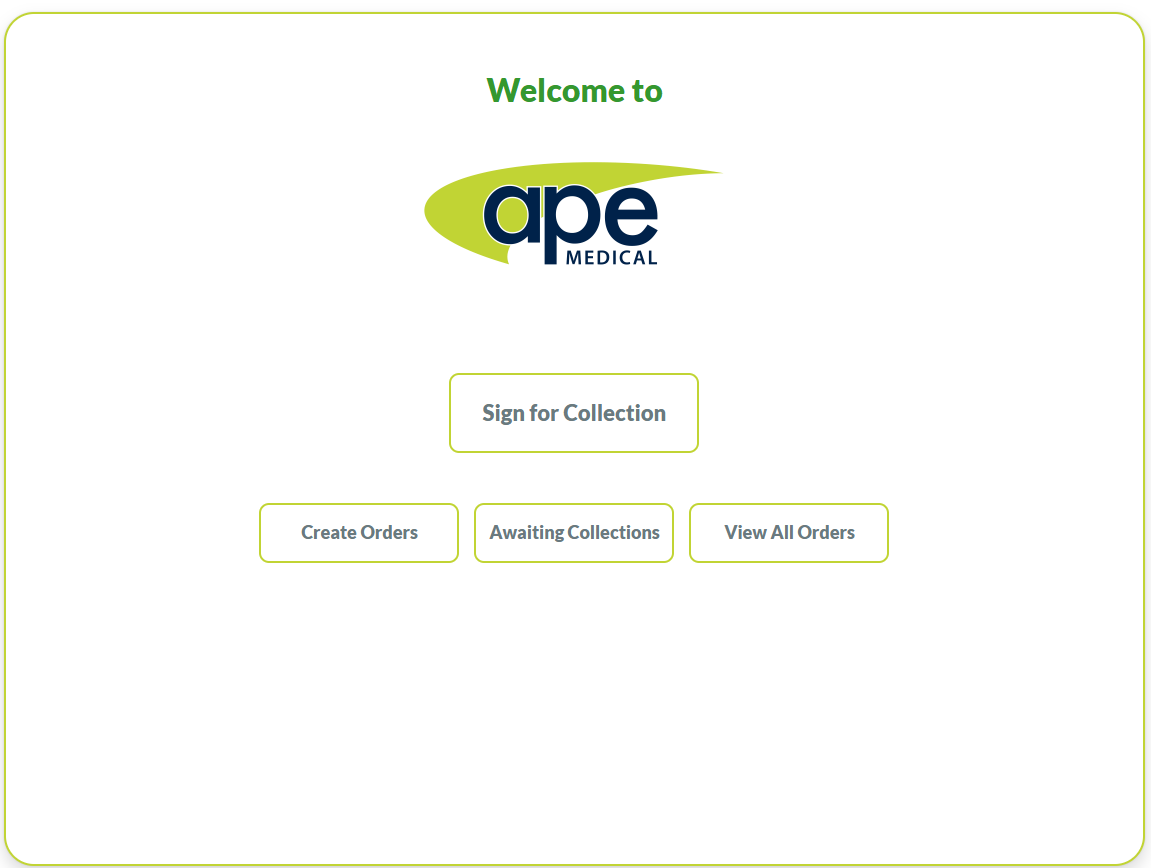 Click & Collect welcome screen with options to create orders and sign for collection