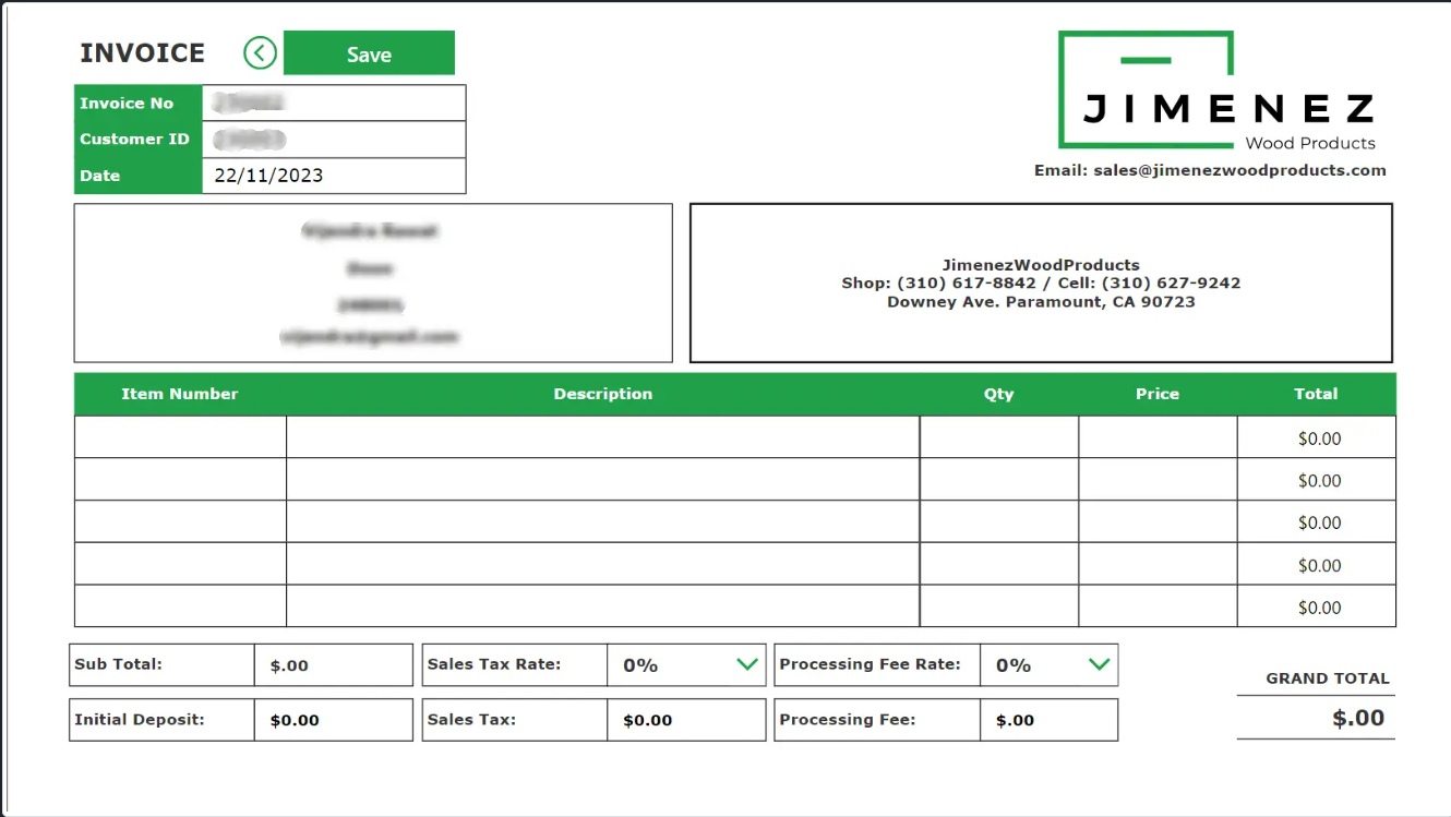 Invoice screen with line items, tax, deposit and grand total