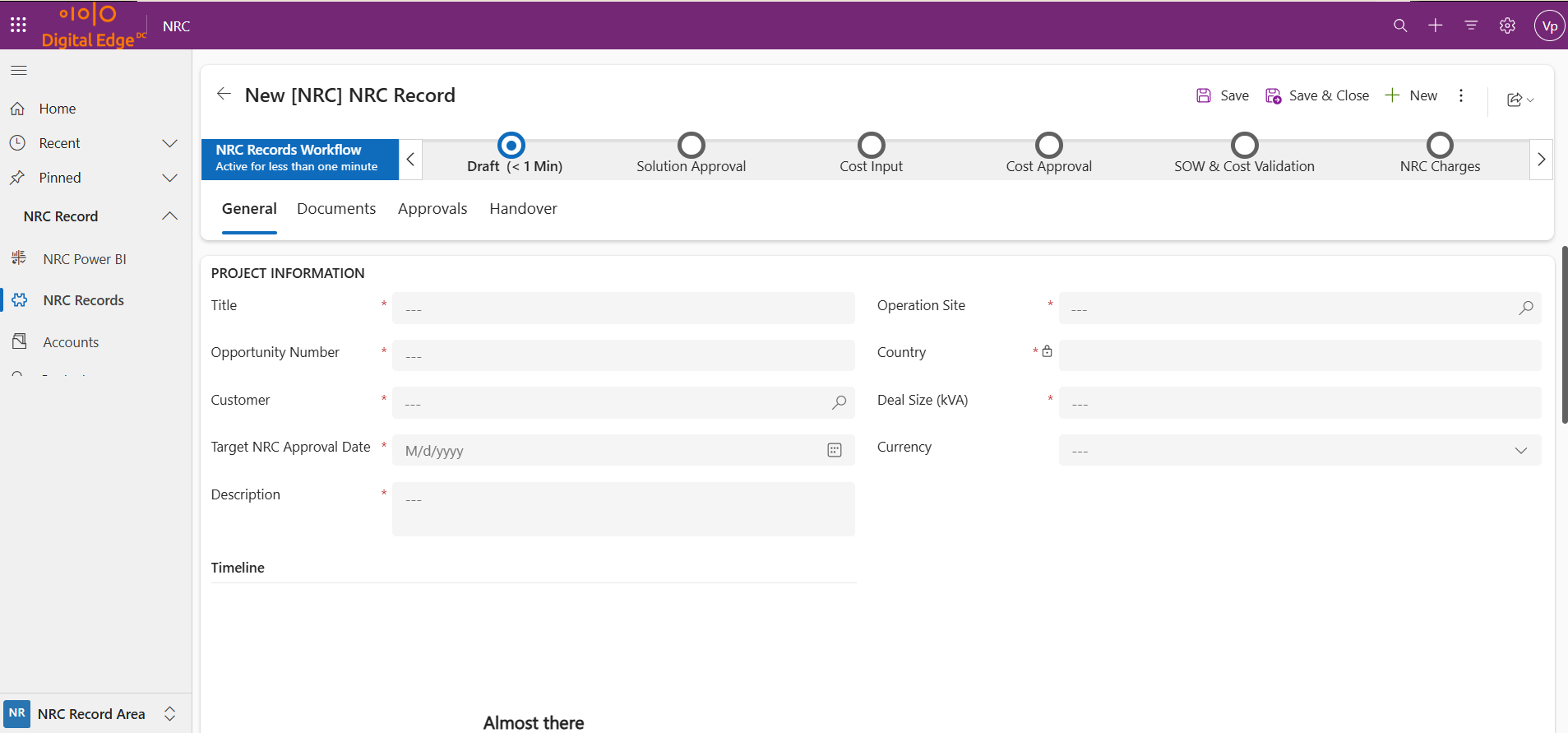 New NRC record form with the workflow stages from draft to approval