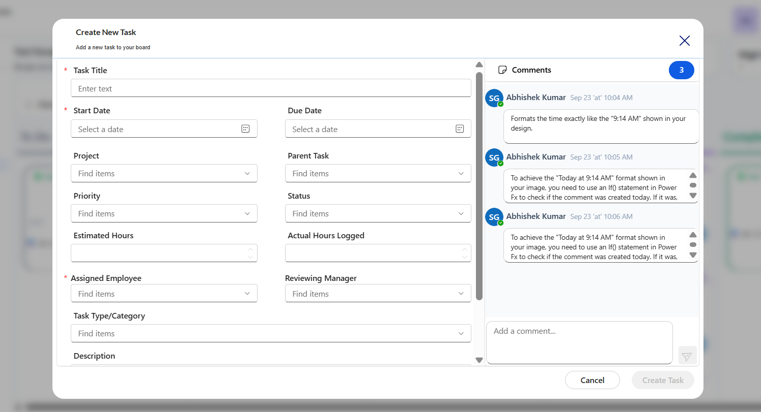 Create New Task form with task fields and a comments panel