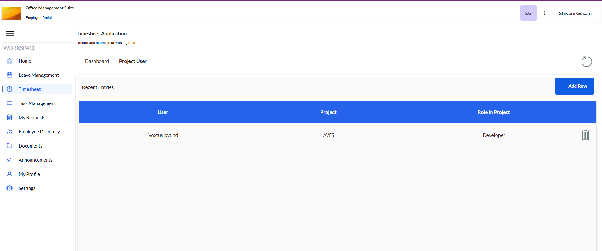 Project User tab listing users, their project and their role