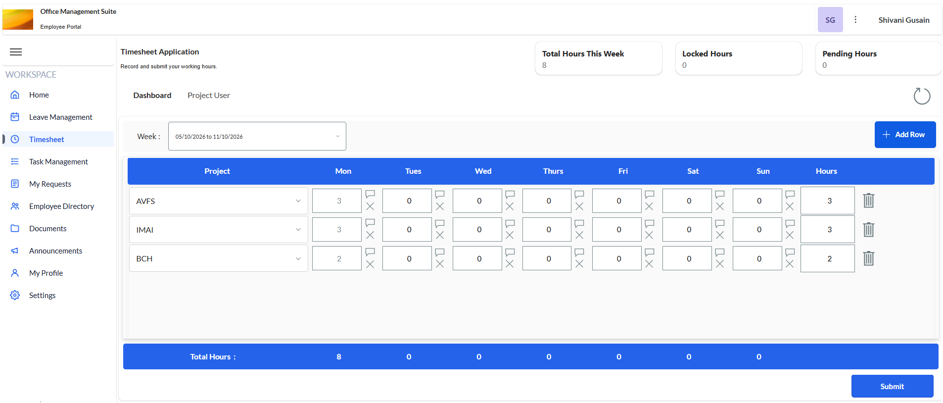 Weekly timesheet with hours per project and day, and weekly totals