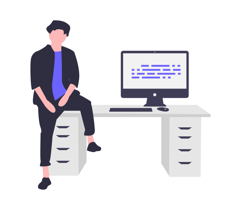 Illustration of a developer sitting beside a computer running automation scripts